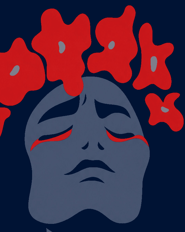 Illustrazione: volto di donna con una corona di fiori rossi