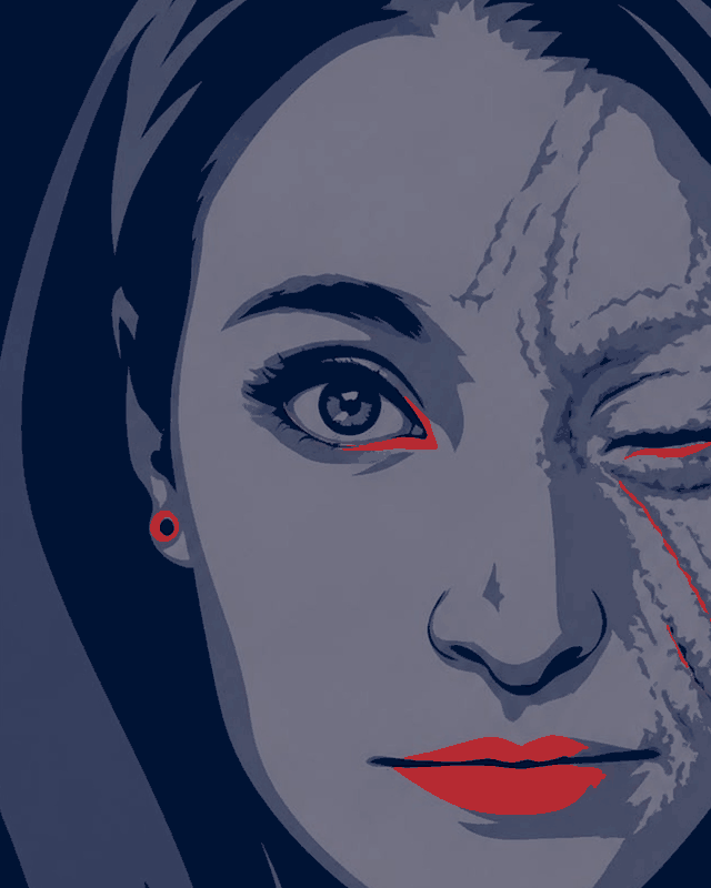Illustrazione: volto di donna segnato da cicatrici